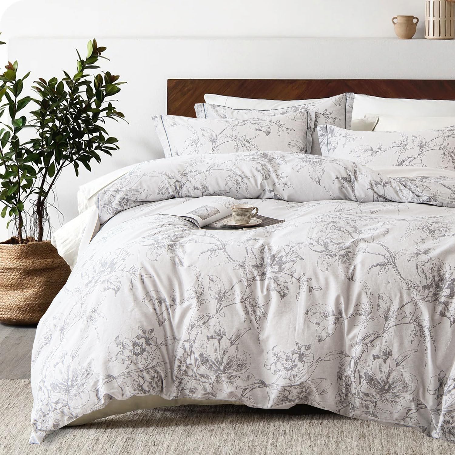 Aleissel 100% Natural Cotton 3Pcs Floral Duvet Cover Sets-Grayish White Duvet Cover With Gray Luxurious Flowers & Branches Patte